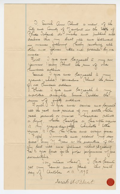 Dernier testament de Sarah Ann Blunt Crozley, octobre 1898 - Sarah Ann Blunt Crozley
