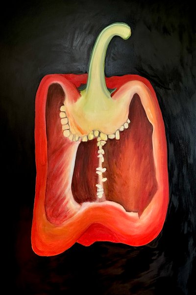 Demi-poivron rouge, 2024 (huile sur toile) - Sarah Thompson Engels