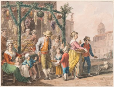 Aquarelle; Un étal de fruits à Naples à Noël - Saverio della Gatta