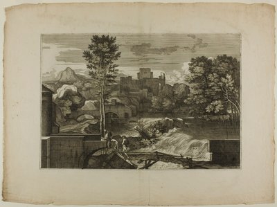 Cascade à un pont de pierre, avec château au loin - Sébastien Bourdon