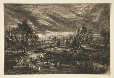 Berger et moutons au coucher du soleil - Schelte Adams Bolswert