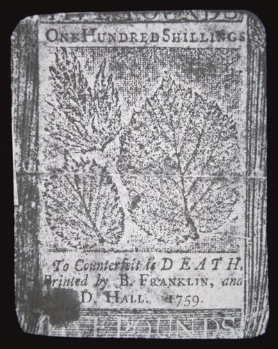 Billet de 100 shillings conçu et imprimé par Benjamin Franklin en 1759 - School American
