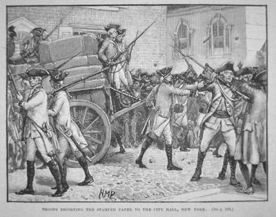 Les troupes britanniques escortant le papier timbré à l