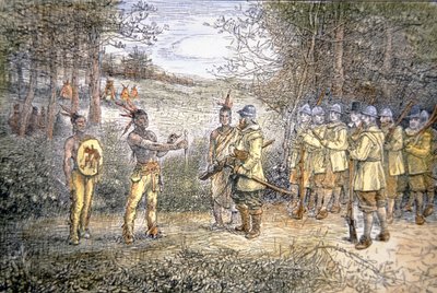 Le capitaine Miles Standish échange avec les Indiens Wampanoag en 1621 - School American