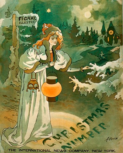 Affiche de Noël avec une femme tenant une lanterne devant un chalet enneigé - School American