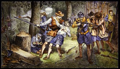 Défense de la colonie contre une attaque indienne à Jamestown, Virginie en 1607 - School American