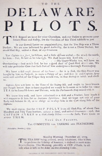 Fac-similé de la proclamation des patriotes de Philadelphie aux pilotes du Delaware les avertissant de ne pas traiter avec le navire de thé britannique, 7 décembre 1773 - School American