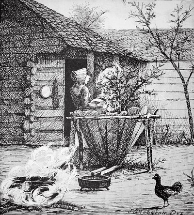 Scène de ferme - une femme à une cuve de lavage, d