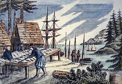 Pêcheurs séchant la morue en Nouvelle-Angleterre, d