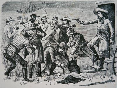 Quatre bandits maîtrisent et pillent deux officiers et sept soldats près de Bismarck, Territoire du Dakota, du 