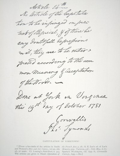 Lettre de capitulation de Yorktown, signée par Lord Cornwallis - School American