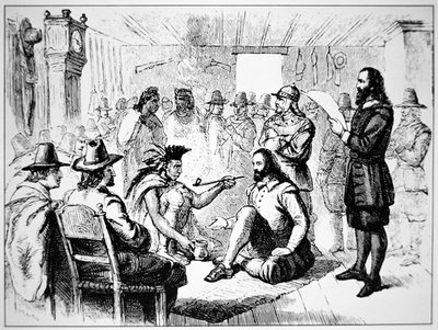 Massasoit, chef du peuple Wampanoag, tend le calumet de la paix à John Carver en 1621 - School American
