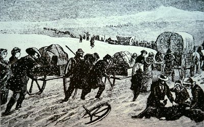 Convoi de chariots mormons dans une tempête de neige en direction de Salt Lake City, Utah - School American