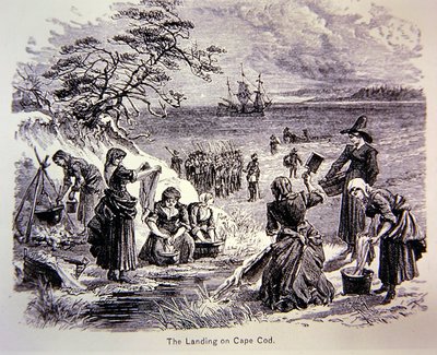 Les Pères Pèlerins débarquent en Amérique en 1620 - Le débarquement à Cape Cod montrant des femmes au travail (lithographie) - School American