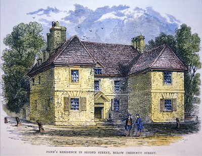 Résidence de William Penn dans Second Street, en dessous de Chestnut Street, Philadelphie (lithographie en couleur) - School American