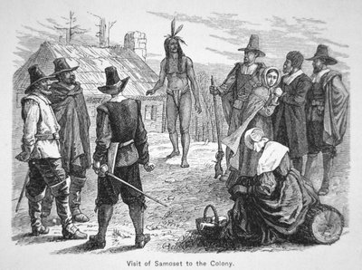 Samoset, chef des Pemaquids, rend visite aux Pères Pèlerins en 1621 (lithographie) - School American