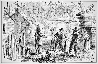 Samoset, chef des Pemaquids, rend visite aux Pères Pèlerins en 1621 (lithographie) - School American