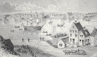 Le ferry, New York, vers 1750 (lithographie) - School American