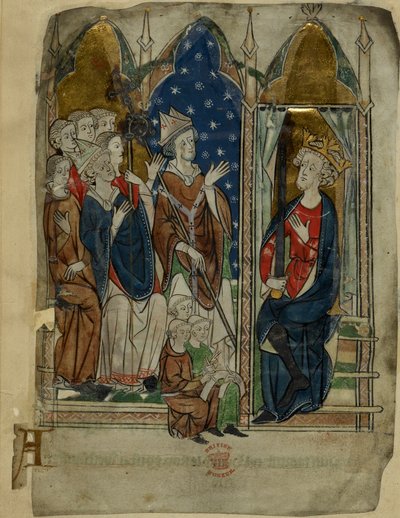 Cotton Vitellius A. XIII f.6v Roi Édouard Ier assis avec sa cour et ses clercs, de 