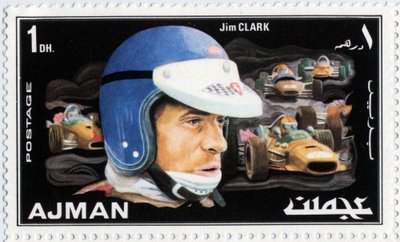Timbre des Émirats Arabes Unis représentant le pilote automobile écossais Jim Clark (1936-1968) - School Arabic