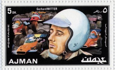 Timbre des Émirats Arabes Unis représentant le pilote automobile Gerhard Mitter (1935-1969) - School Arabic