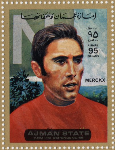 Timbre des Émirats représentant le cycliste Eddy Merckx (né en 1945) - School Arabic