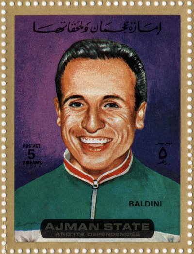 Timbre des Émirats représentant le cycliste Ercole Baldini (né en 1933) - School Arabic