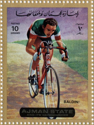 Timbre des Émirats représentant le cycliste Ercole Baldini (né en 1933). - School Arabic