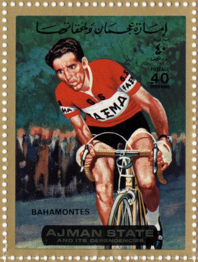Timbre des Émirats représentant le cycliste Federico Bahamontes (né en 1928). - School Arabic
