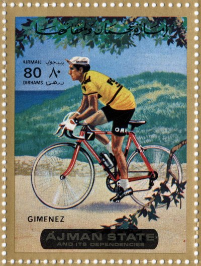 Timbre des Émirats représentant le cycliste Julio Jimenez (né en 1934) - School Arabic
