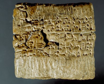 Civilisation assyrienne : boîte gravée de caractères cunéiformes concernant la production de deux mines d