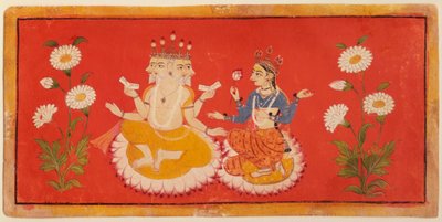 Brahma assis avec Saraswati tenant les Quatre Védas et Saraswati tenant un pétale de lotus - School Bundi