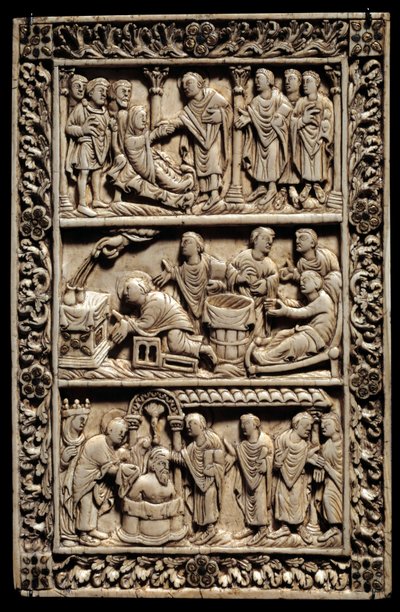 Art carolingien : miracle de la Sainte Ampoule, diptyque en ivoire représentant en haut, la résurrection d