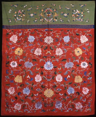 Grande tenture tissée en kossu en soies colorées sur fond rouge, avec une bordure supérieure vert pomme, Chine 18e ou 19e siècle - School Chinese