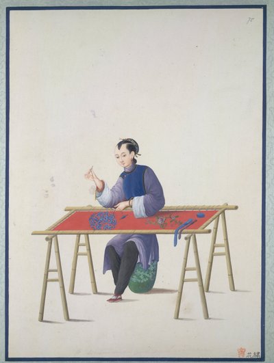 Une femme brodant, vers 1800 - School Chinese