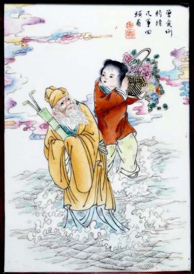 Allégorie du printemps Une femme tenant un panier de fleurs et un vieil homme marchant dans la rosée - School Chinese