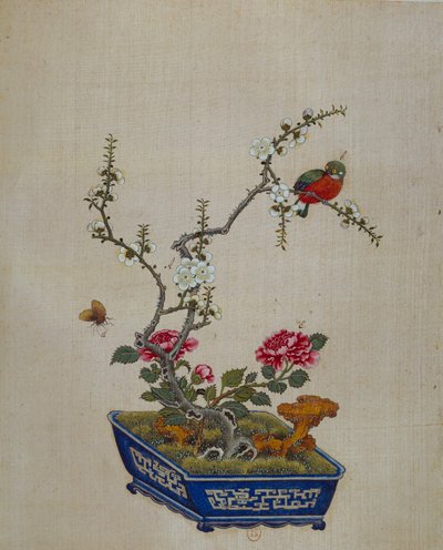 Art chinois : fleurs et oiseaux (bonsaï). Peinture sur soie du 18ème siècle - School Chinese