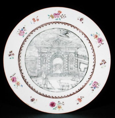 Assiette décorée en grisaille avec des émaux famille rose représentant Jacob Bobart (1599-1680) avec une chèvre et un chien, période Qianlong (1736-95) - School Chinese