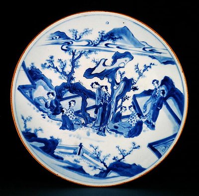 Plat peint en bleu sous glaçure avec des figures de dames, période de transition, c.1640 - School Chinese