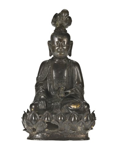 Figure de Guanyin, la déesse chinoise de la miséricorde assise sur une base en forme de lotus avec un corbeau perché sur sa tête et un lapin reposant dans sa main gauche - School Chinese