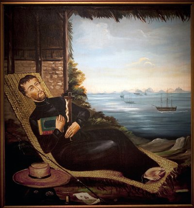 Saint François Xavier se reposant devant la baie de Hong Kong (Chine). Peinture de l