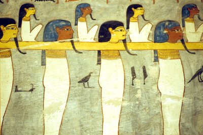 Égypte ancienne, peinture, Dieux du monde souterrain attachés à Hathor, vache divine, remorquant la barque solaire, Tombe de Ramsès Ier, Thèbes - School Egyptian
