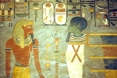 Égypte ancienne, peinture, Ramsès I devant Ptah, derrière lequel se trouve un pilier djed, Tombeau de Ramsès I, Thèbes - School Egyptian