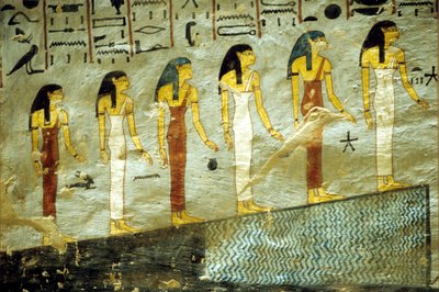 Égypte ancienne, peinture, tombe de Ramsès I, Thèbes, six déesses représentant les six premières heures de la nuit, montant une montagne sous laquelle se trouve un étang - School Egyptian