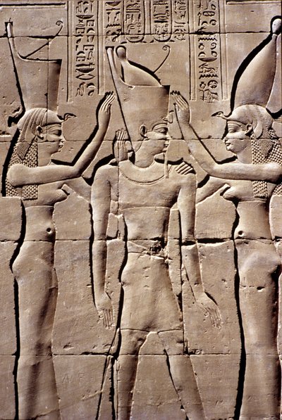 Égypte ancienne, peinture murale/sculpture, Un roi reçoit la double couronne d