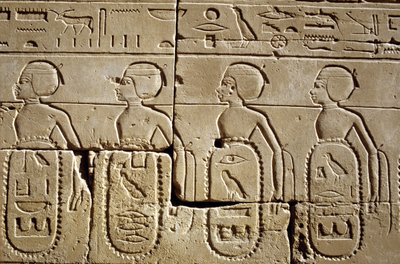 Égypte ancienne, peinture murale, Pylône Six de Karnak/Louxor, Partie des listes des tribus du sud et de la Syrie subjugées par l