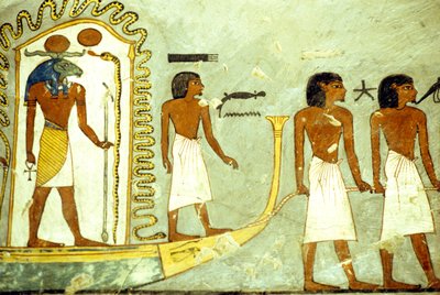 Égypte ancienne, Peinture/sculpture murale, Voyage à travers le monde souterrain, bateau tiré par des hommes, Tombe de Ramsès I, Thèbes - School Egyptian