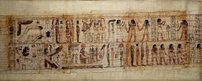 Art égyptien ancien Papyrus mythologique de Serimen. En haut : lors de la création du monde, le dieu Geb (Terre) est séparé de la déesse Nout (ciel); dieux et génies de l