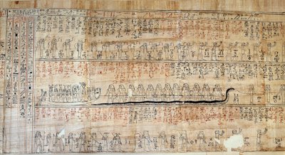 Antiquité égyptienne : Papyrus tiré du Livre des Demeures Secrètes. Ce livre est une représentation commentée du voyage souterrain du soleil pendant les douze heures de la nuit. D