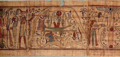 Antiquité égyptienne allégorie du cosmos : papyrus mythologique de Neskapashouty, scribe comptable des grains représentant la cosmogonie, avec Geb, Nout, Nephtys, Osiris. 1070-664 av. J.-C. 21e dynastie. Paris, musée du Louvre - School Egyptian